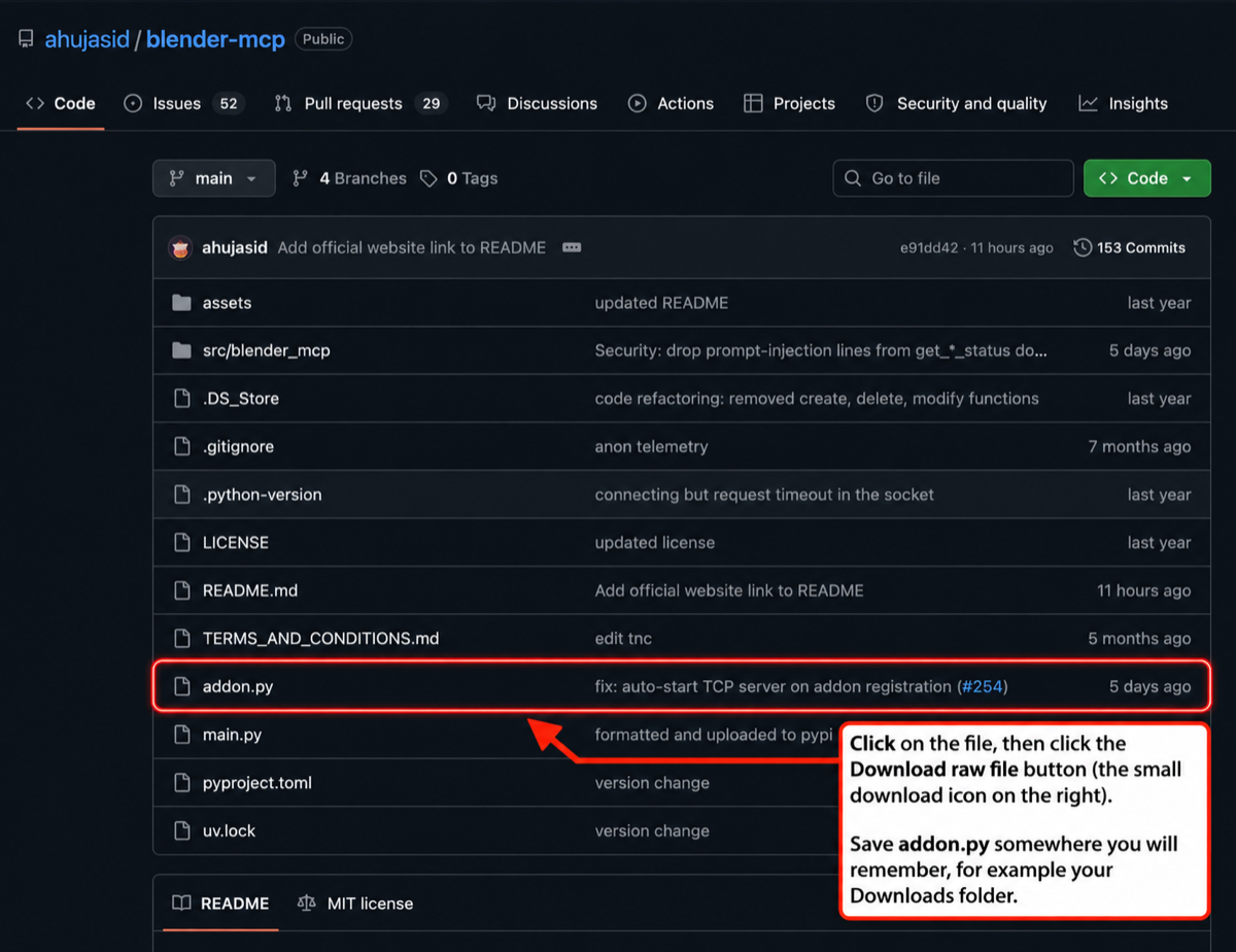 Screenshot of the ahujasid/blender-mcp GitHub repository with the addon.py file highlighted by a red arrow