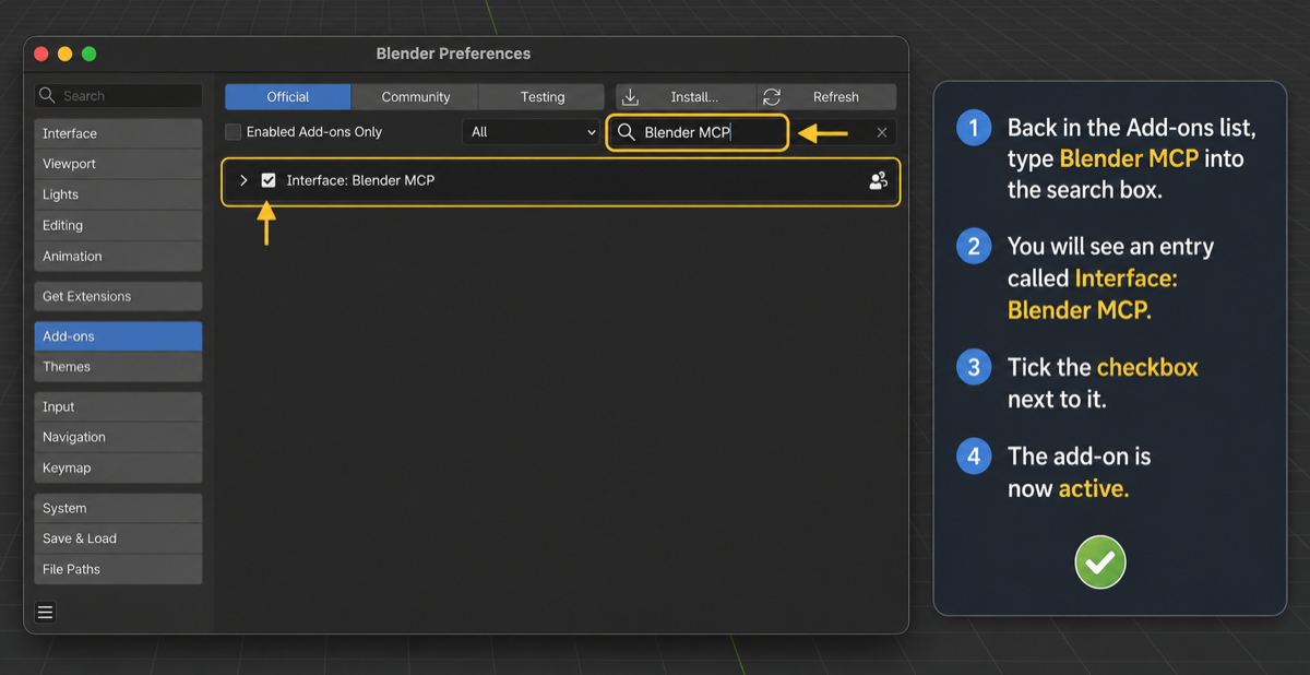 Annotated screenshot of the Blender Preferences Add-ons panel, with Blender MCP typed in the search box and the Interface: Blender MCP entry visible with its checkbox