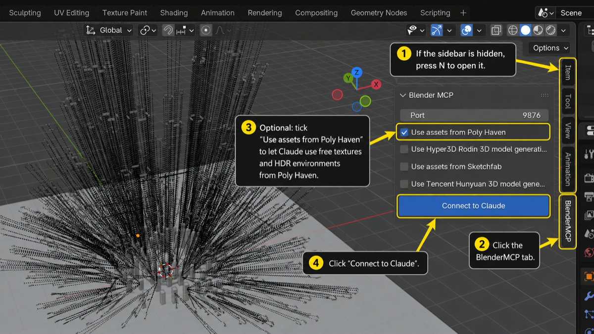 Annotated screenshot of the Blender 3D viewport with the BlenderMCP sidebar open on the right, showing four numbered steps: press N, click the BlenderMCP tab, tick Use assets from Poly Haven, click Connect to Claude