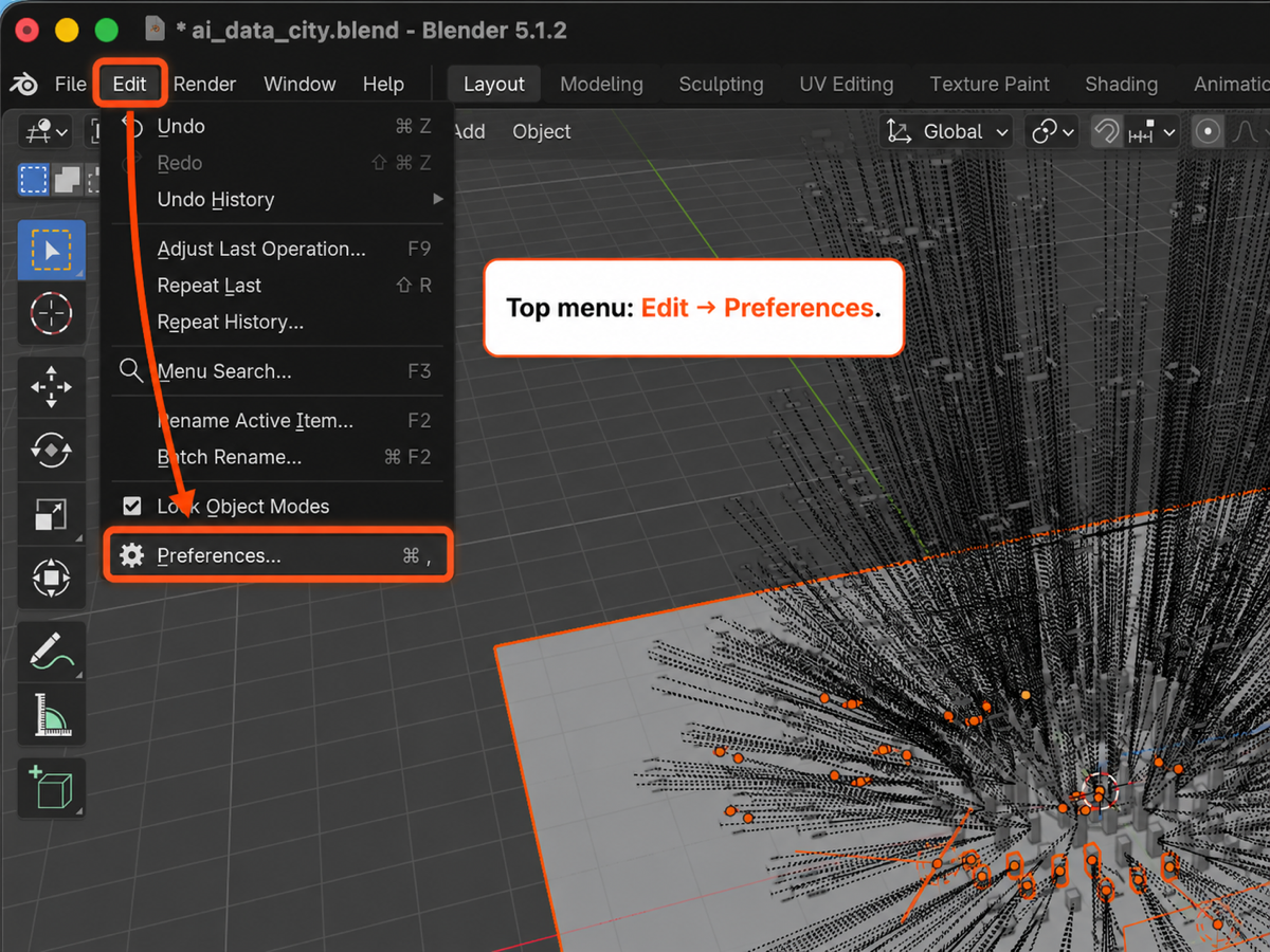 Screenshot of the Blender top menu with the Edit dropdown open and Preferences highlighted