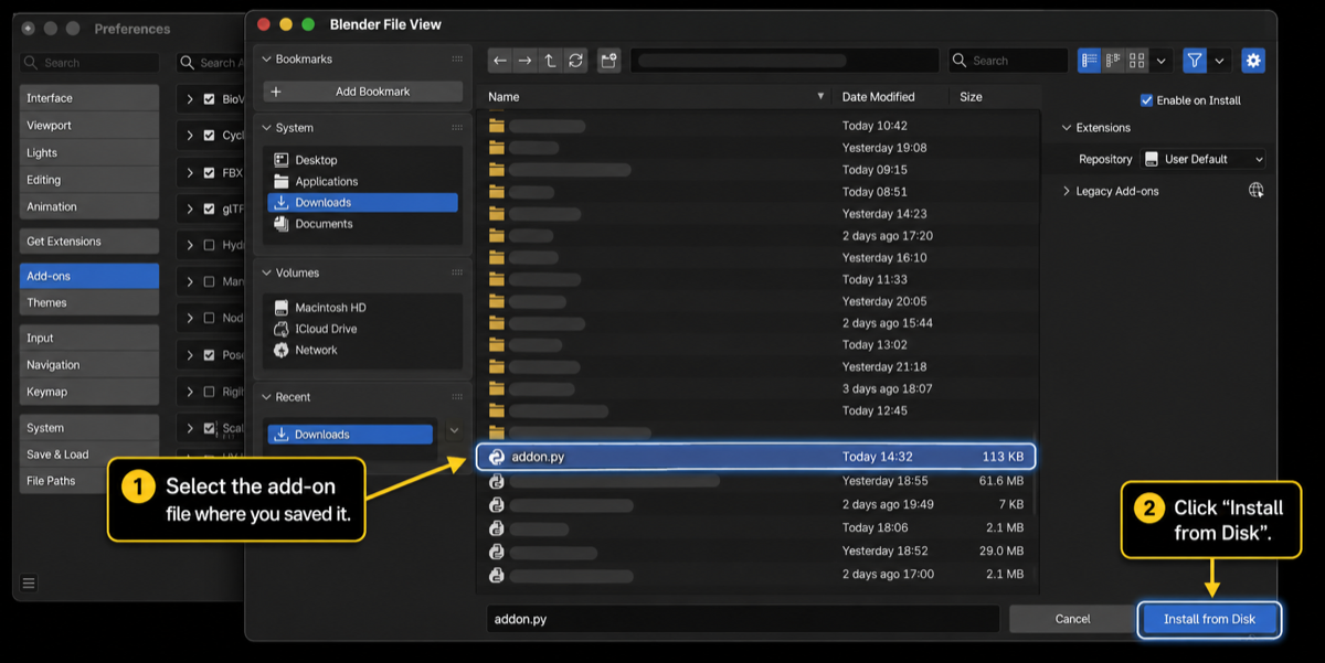Annotated screenshot of the Blender File View showing the addon.py file selected inside the Downloads folder, with the Install from Disk button highlighted